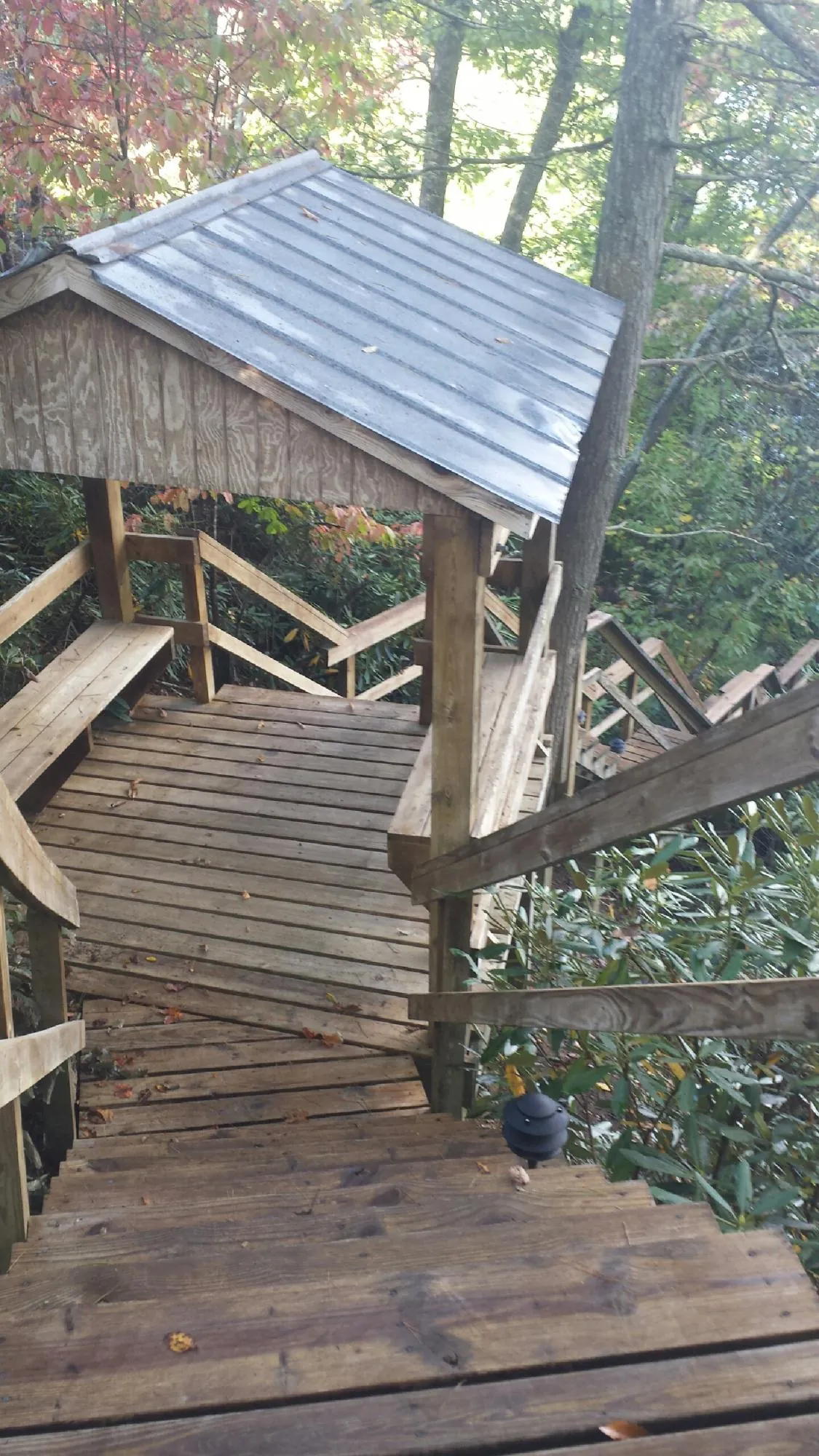 Metal roofed shelter over wooden steps on a wooded walkway — Skylight Repair & Installation work by our crew in Alberton